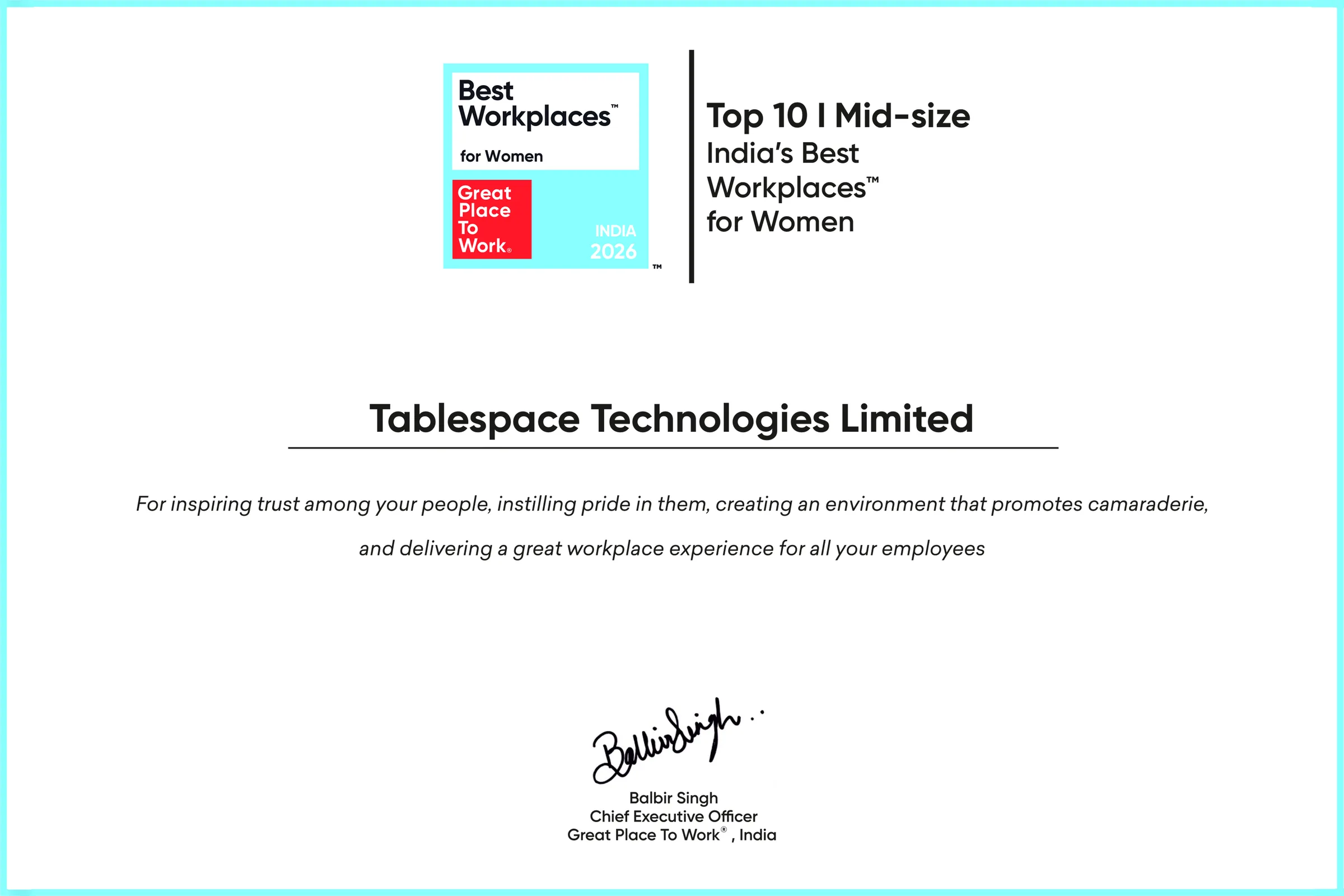 Great Place To Work® India Names Table Space Among India’s Top 10 Best Workplaces for Women for the Second Consecutive Year