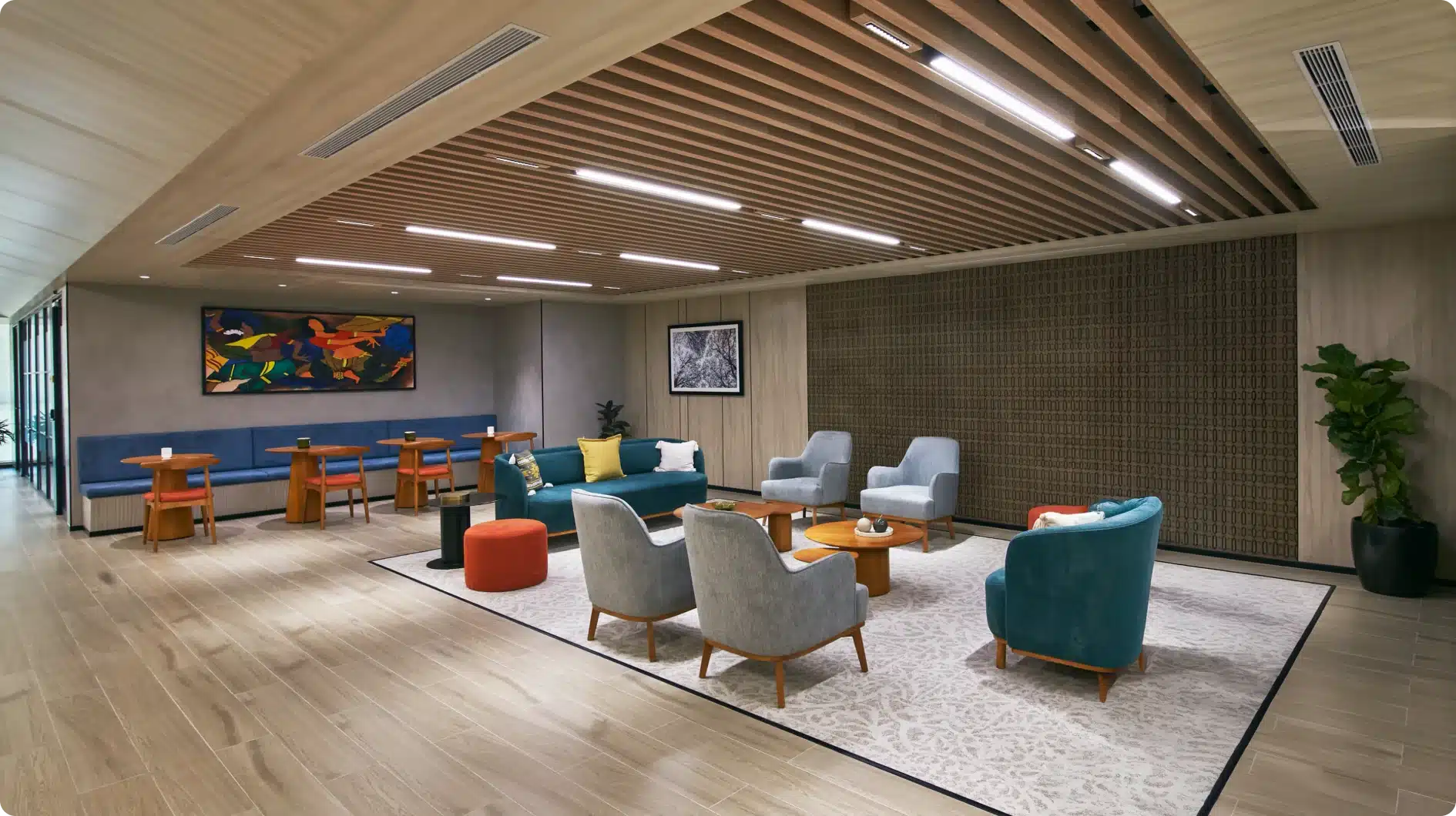 Stylish open office with ergonomic furniture in India