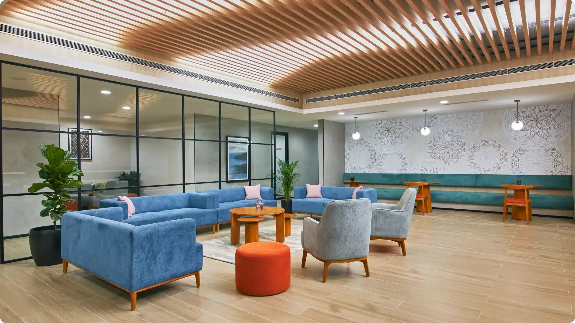 Stylish open office with ergonomic furniture in India